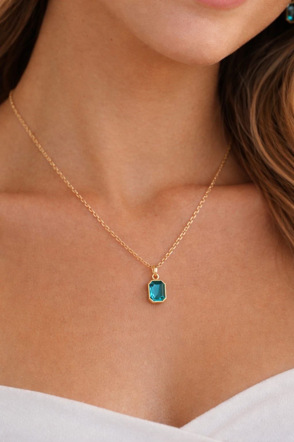 Teal Emerald Cut Crystal Pendant Necklace Earrings Set, Gold Finish Minimalist Jewelry - Image 4