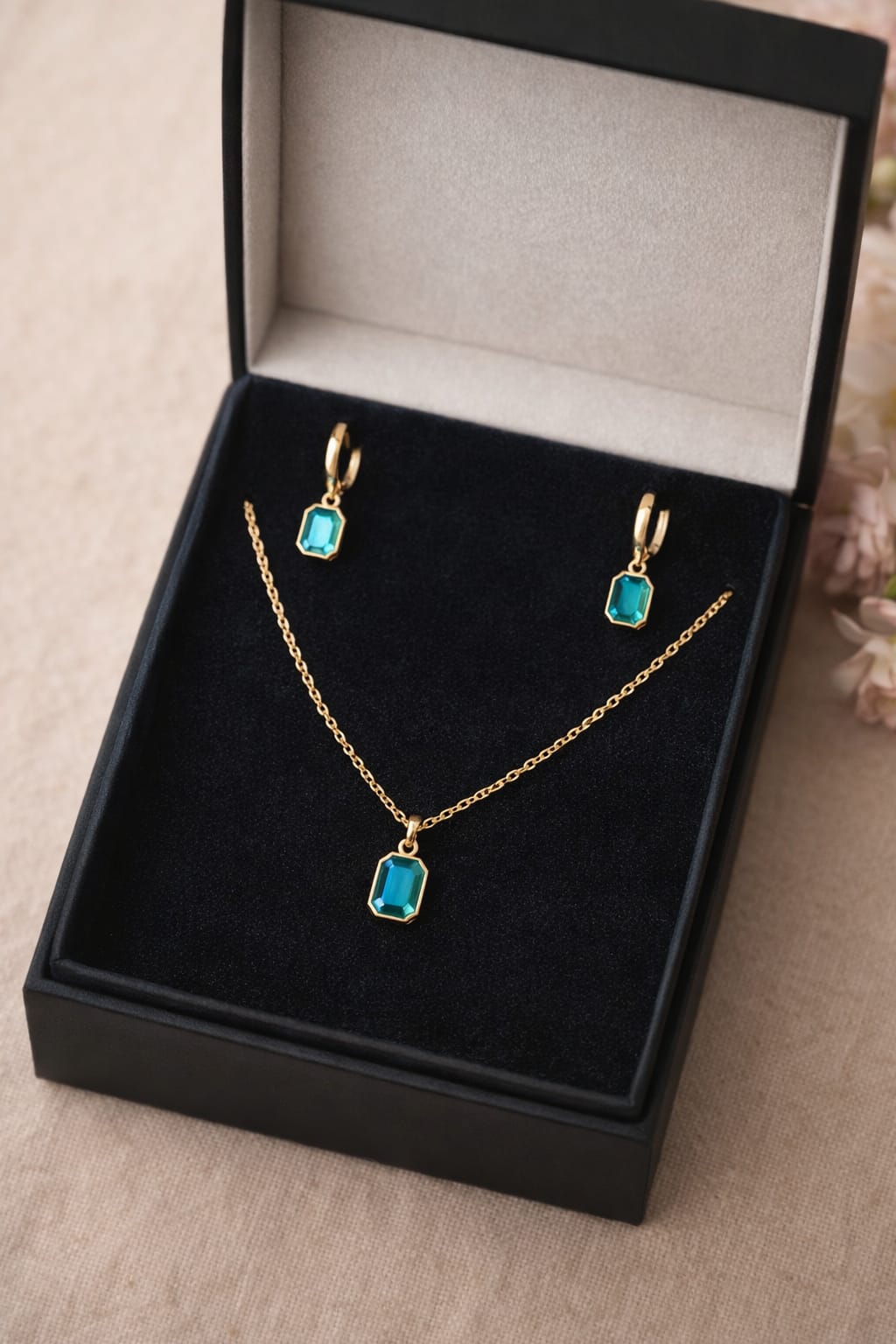 Teal Emerald Cut Crystal Pendant Necklace Earrings Set, Gold Finish Minimalist Jewelry - Image 3