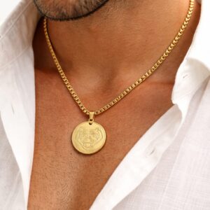 18K Solid Gold Lion Medallion stainless steel Necklace, Regal Leo Zodiac Pendant, Men lion waterproof pendent for everyday use