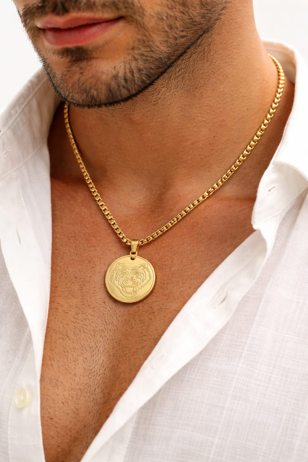 18K Solid Gold Lion Medallion stainless steel Necklace, Regal Leo Zodiac Pendant, Men lion waterproof pendent for everyday use