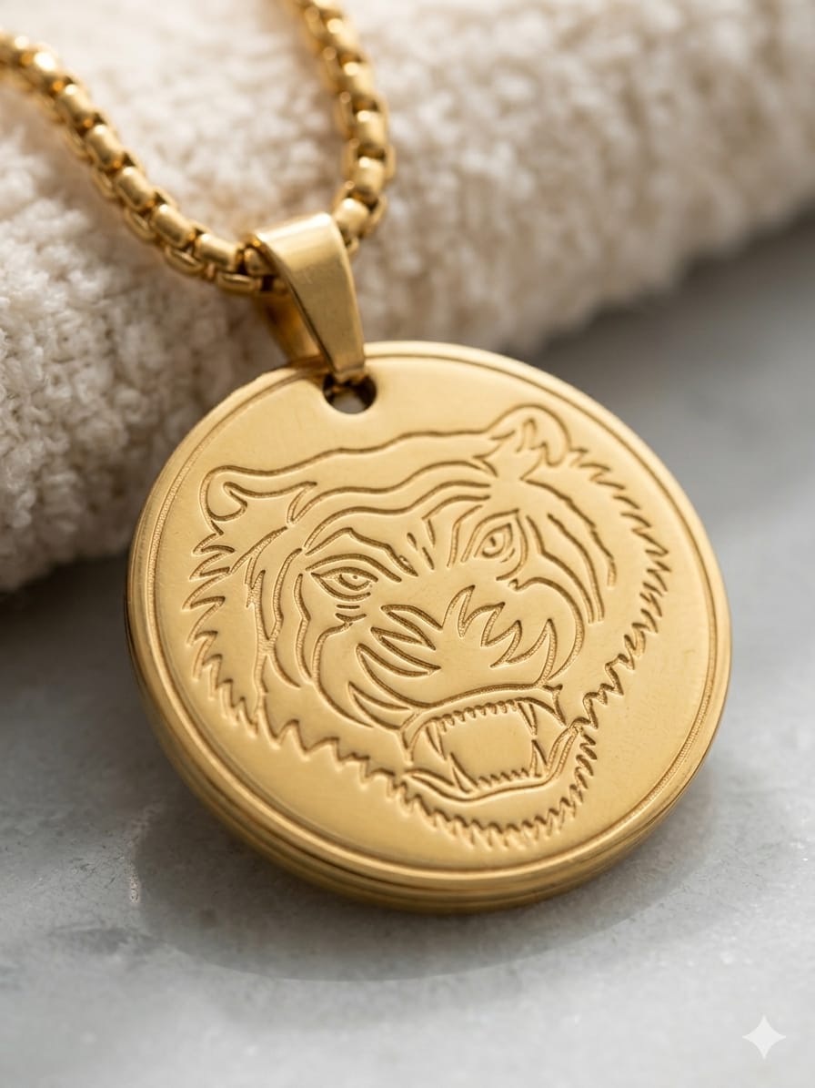 18K Solid Gold Lion Medallion stainless steel Necklace, Regal Leo Zodiac Pendant, Men lion waterproof pendent for everyday use - Image 5