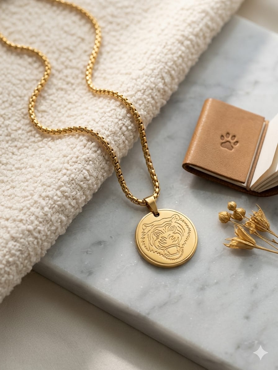 18K Solid Gold Lion Medallion stainless steel Necklace, Regal Leo Zodiac Pendant, Men lion waterproof pendent for everyday use - Image 4