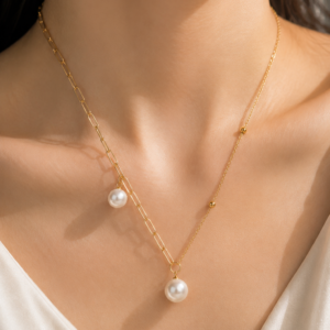 Gold Pearl Chain Necklace, Asymmetric Paperclip and Bead Chain with Two Pearls, Dainty Gold Pearl Pendant