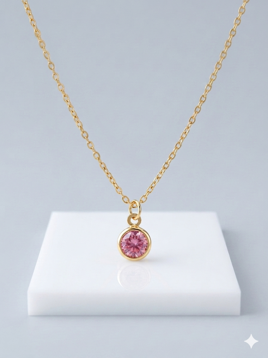 Round Pink Tourmaline Bezel Necklace, 14K Solid Gold Chain, October Birthstone, Perfect Gift