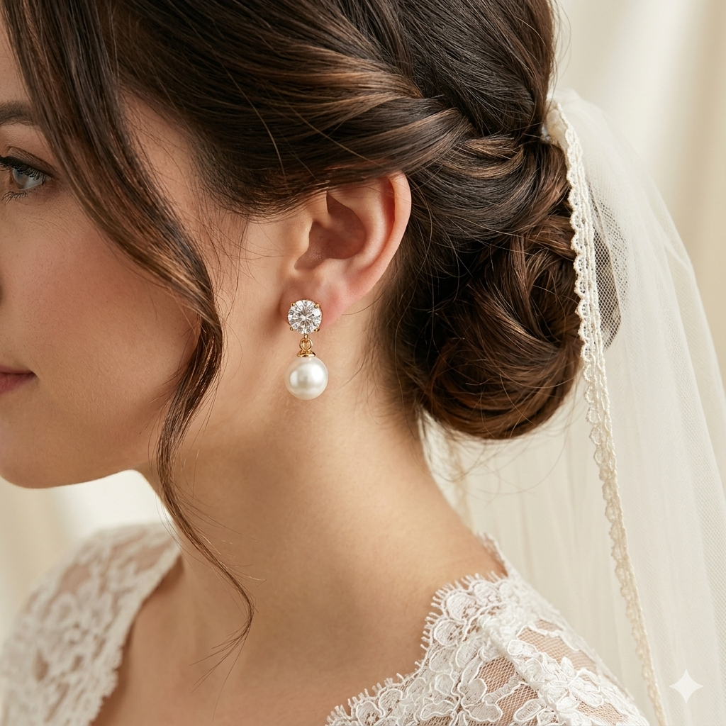18K Gold Plated Pearl Drop Earrings, Teardrop CZ Bridal Wedding Jewelry - Image 3