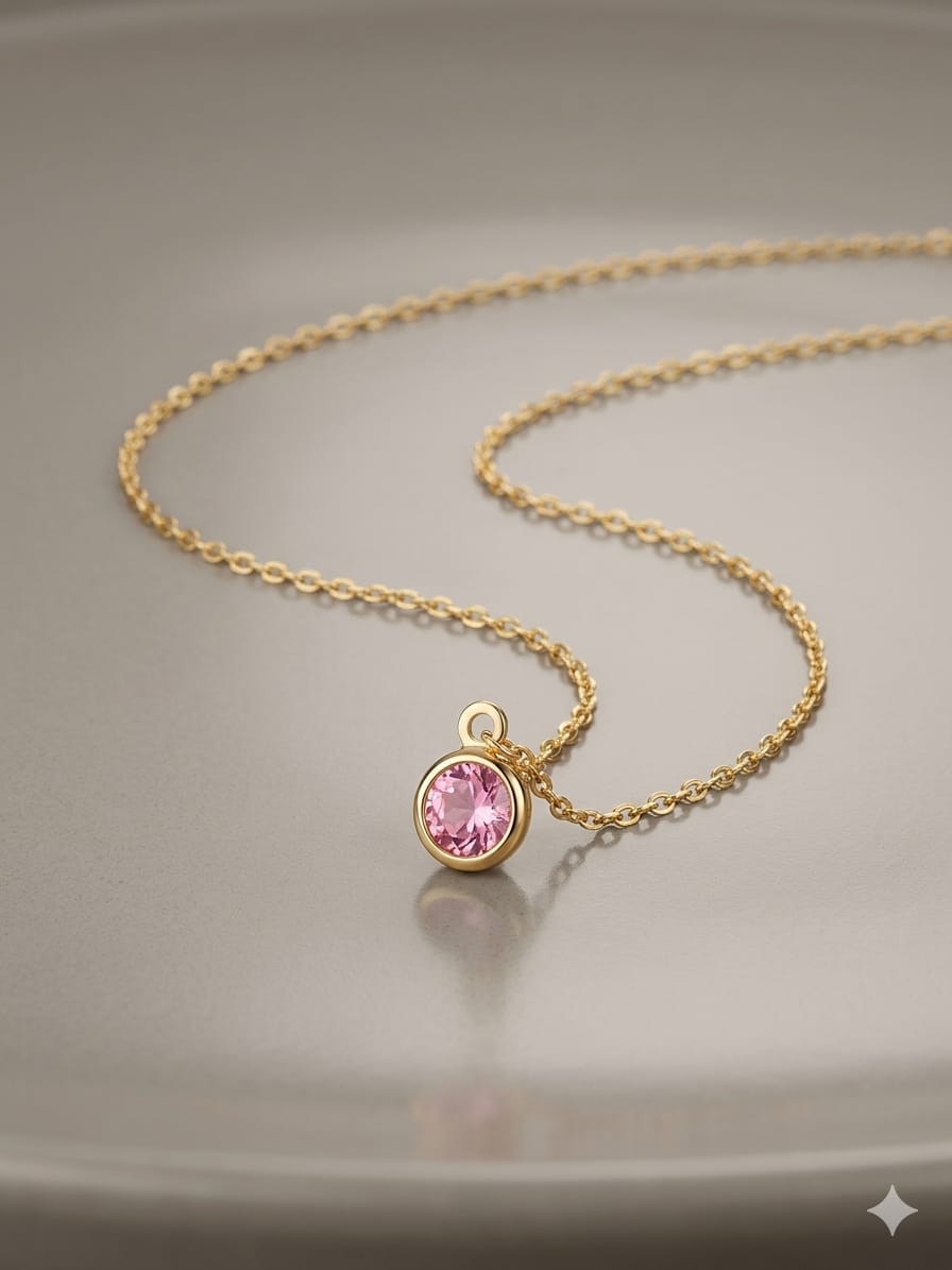Round Pink Tourmaline Bezel Necklace, 14K Solid Gold Chain, October Birthstone, Perfect Gift - Image 2