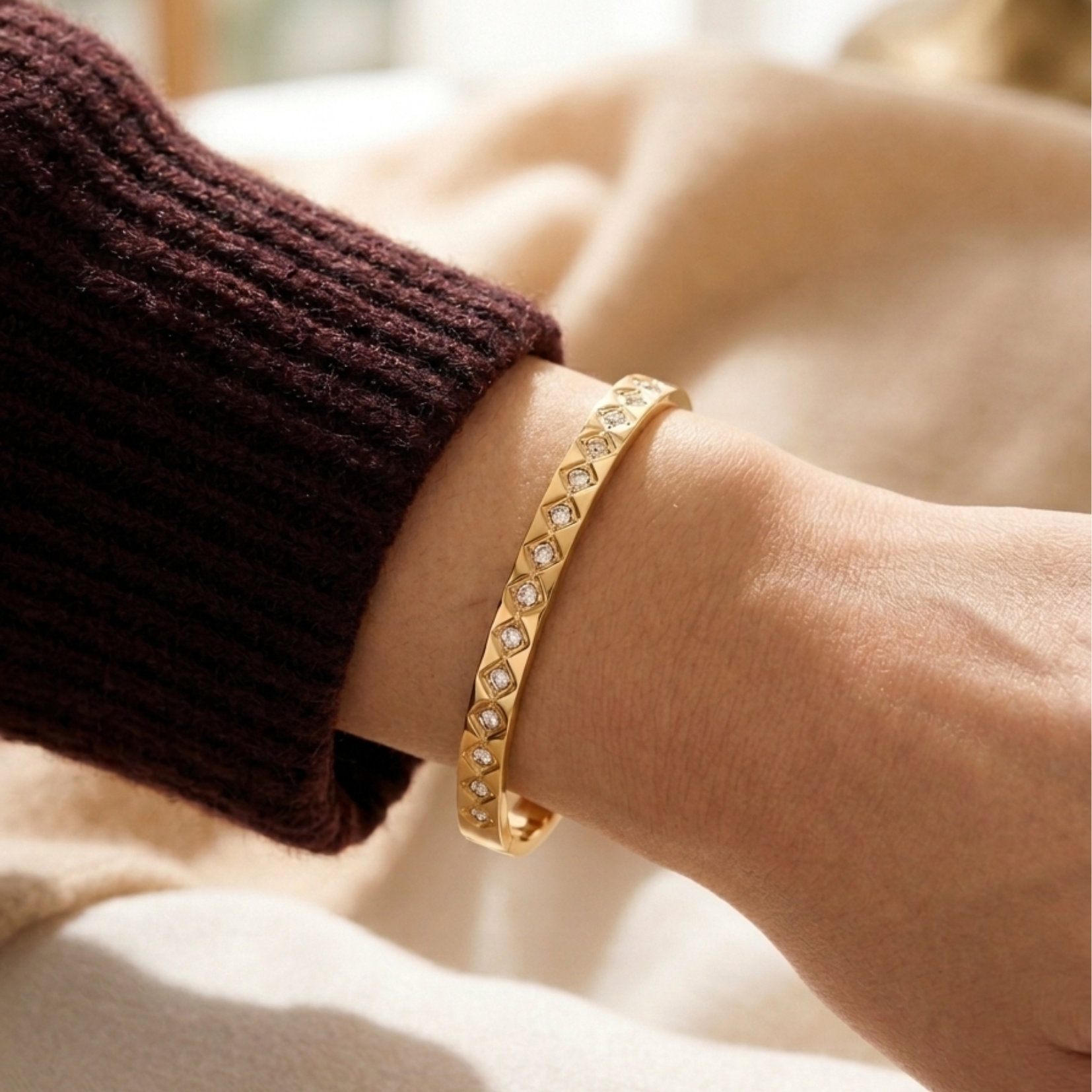 Elegant Gold Diamond Bangle Bracelet For Women, 18k Gold Plated Dainty Luxury Bracelet - Image 3