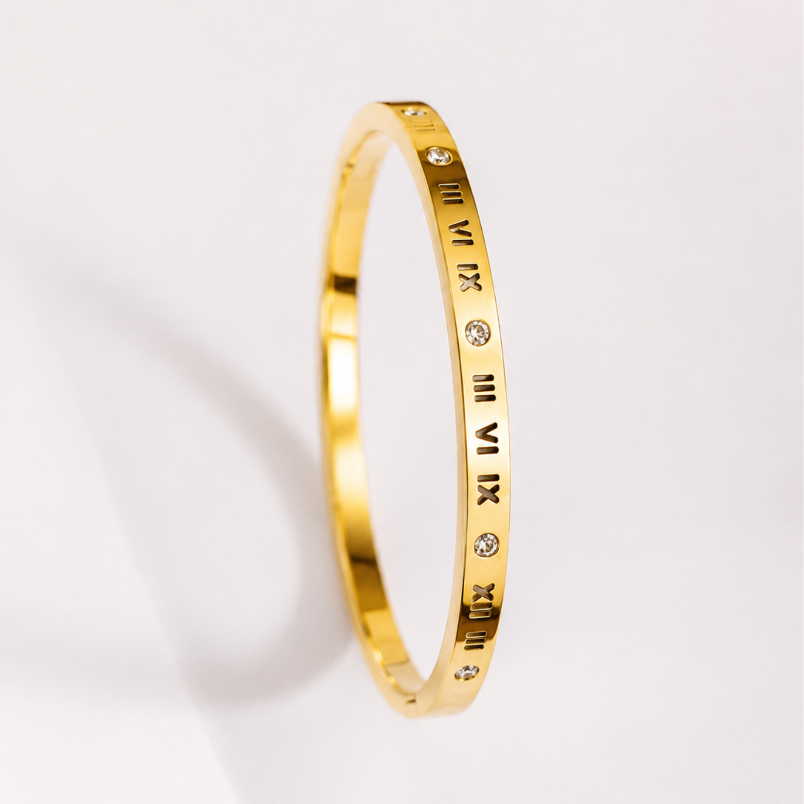 Golden Roman Number Bracelet For Women, 18k Gold plated with Crystal Stones, Thin Stackable Bangle