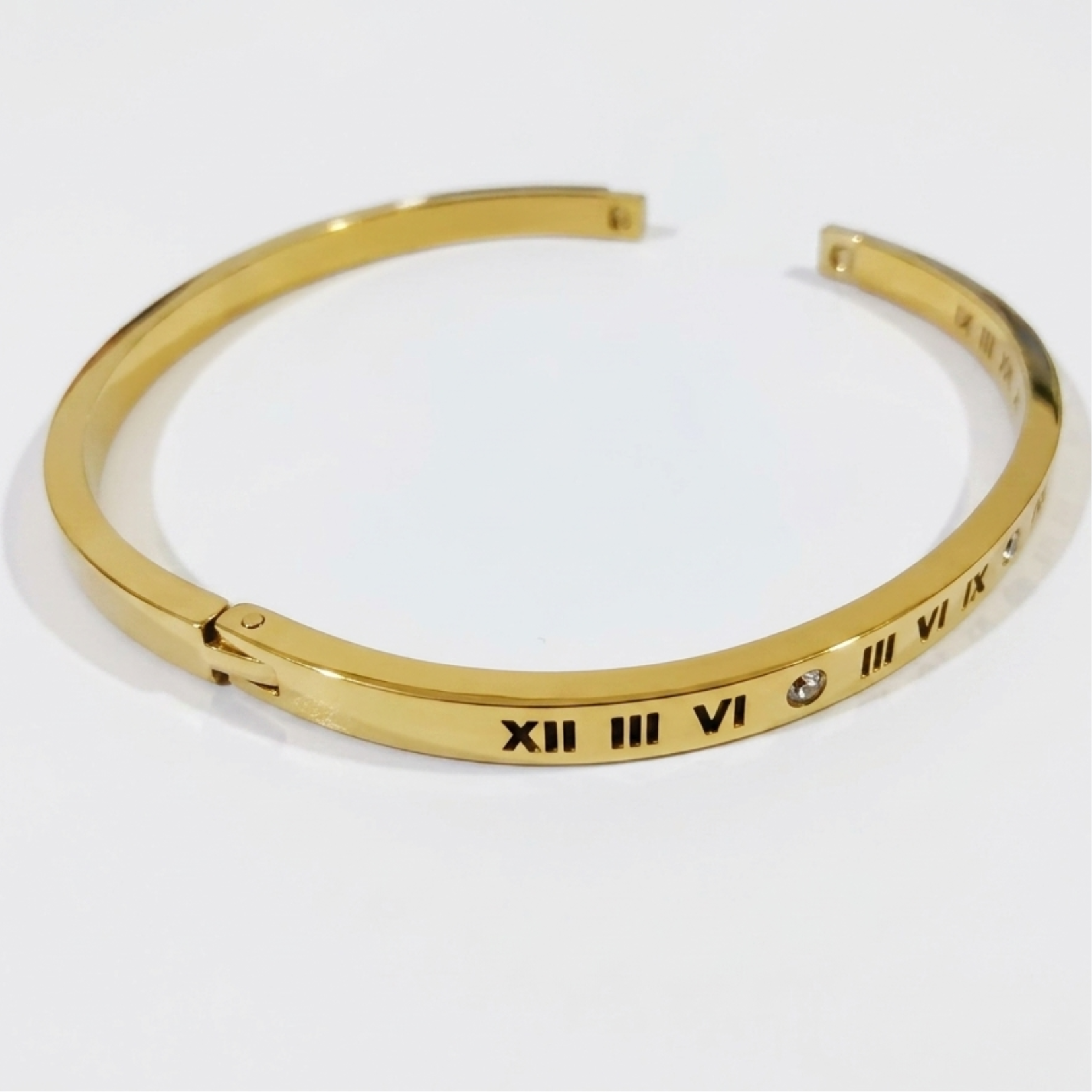 Golden Roman Number Bracelet For Women, 18k Gold plated with Crystal Stones, Thin Stackable Bangle - Image 2
