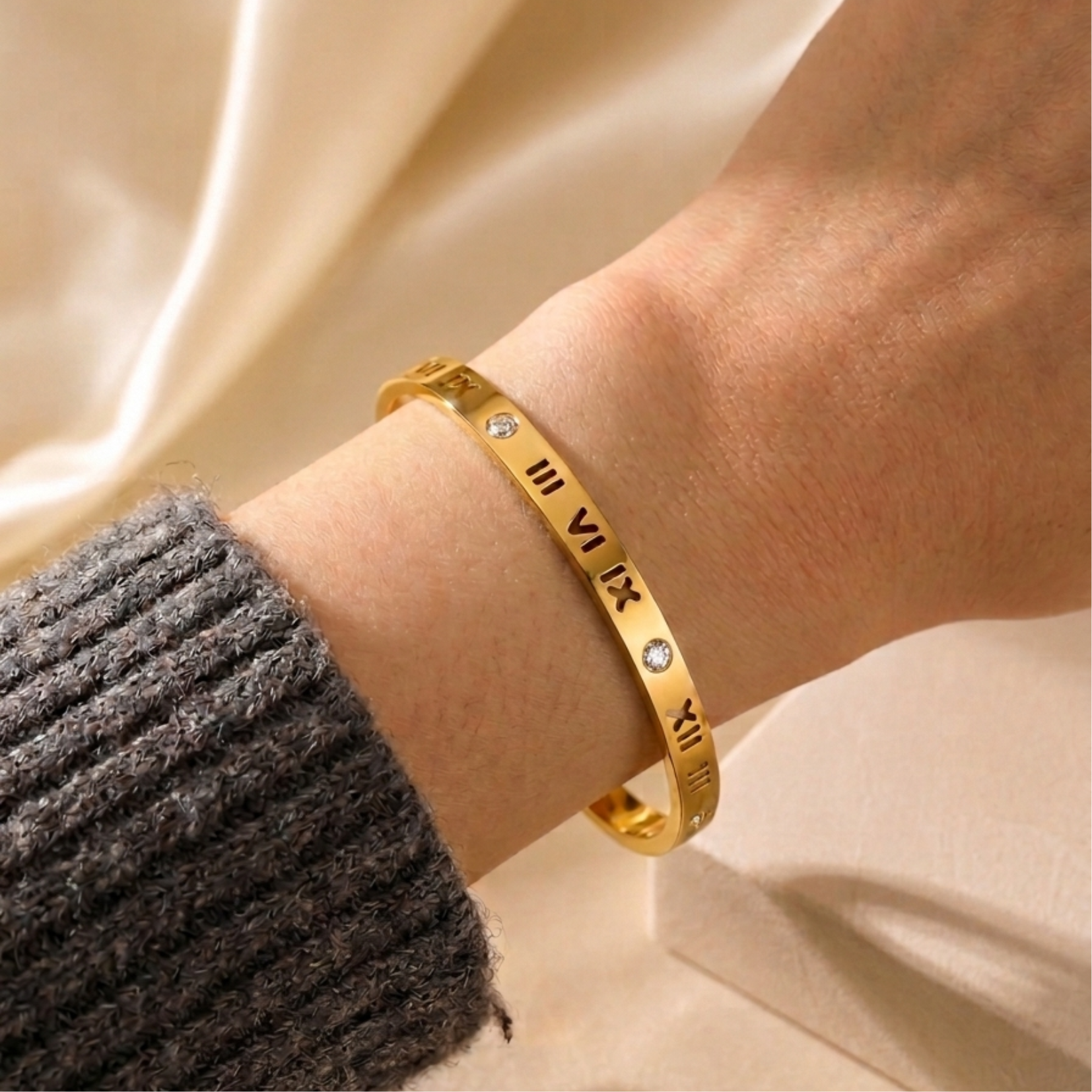 Golden Roman Number Bracelet For Women, 18k Gold plated with Crystal Stones, Thin Stackable Bangle - Image 3