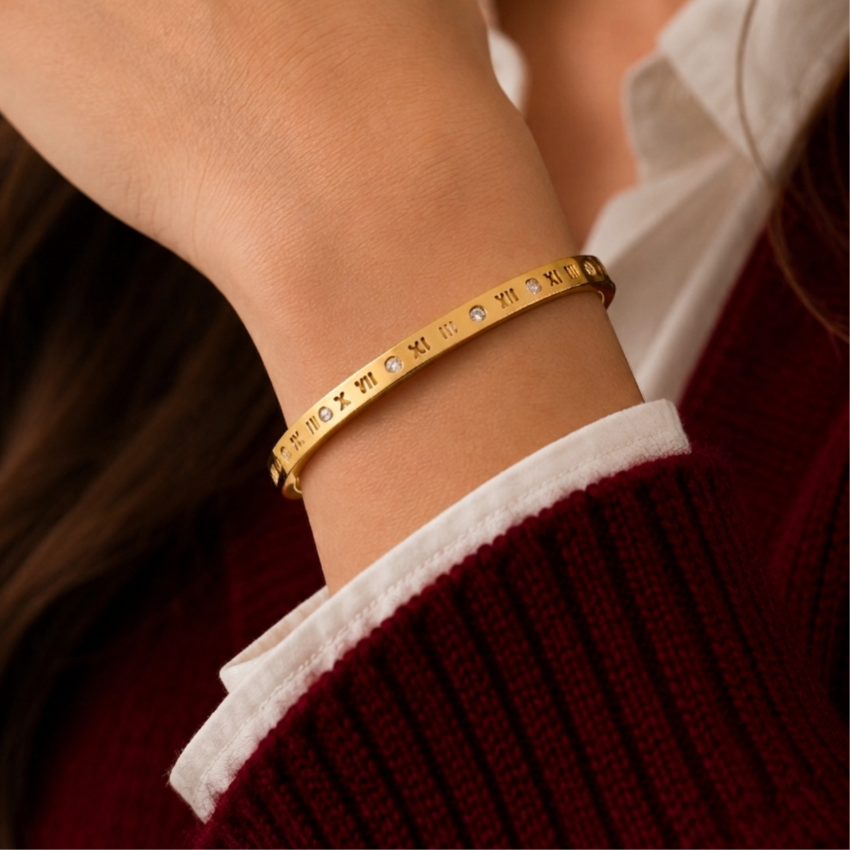 Golden Roman Number Bracelet For Women, 18k Gold plated with Crystal Stones, Thin Stackable Bangle - Image 4