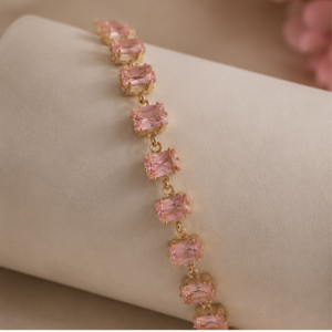 Pink Tennis Bracelet Gold, Emerald Cut Pink Morganite Bracelet, Rectangular Pink Crystal Bracelet
