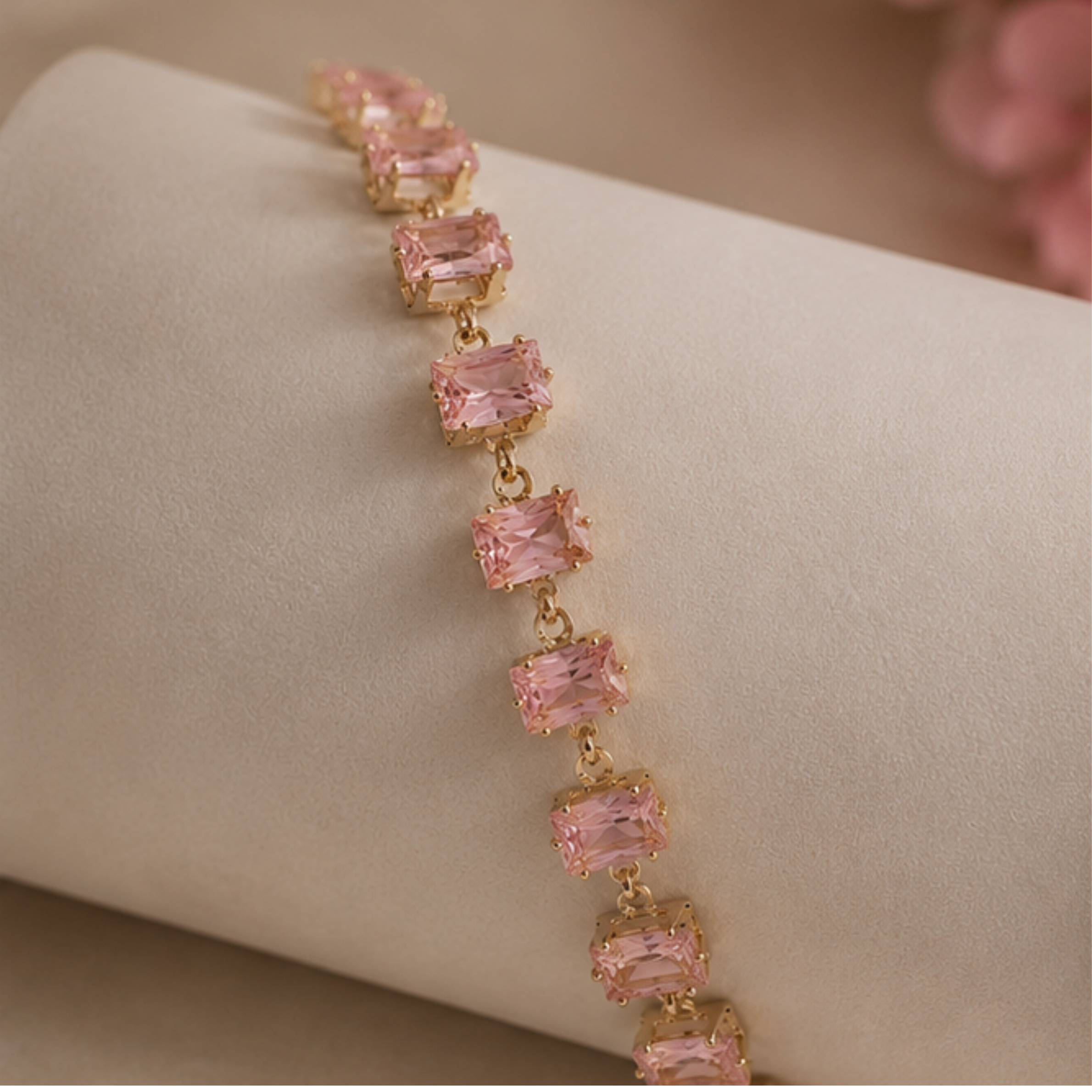 Pink Tennis Bracelet Gold, Emerald Cut Pink Morganite Bracelet, Rectangular Pink Crystal Bracelet