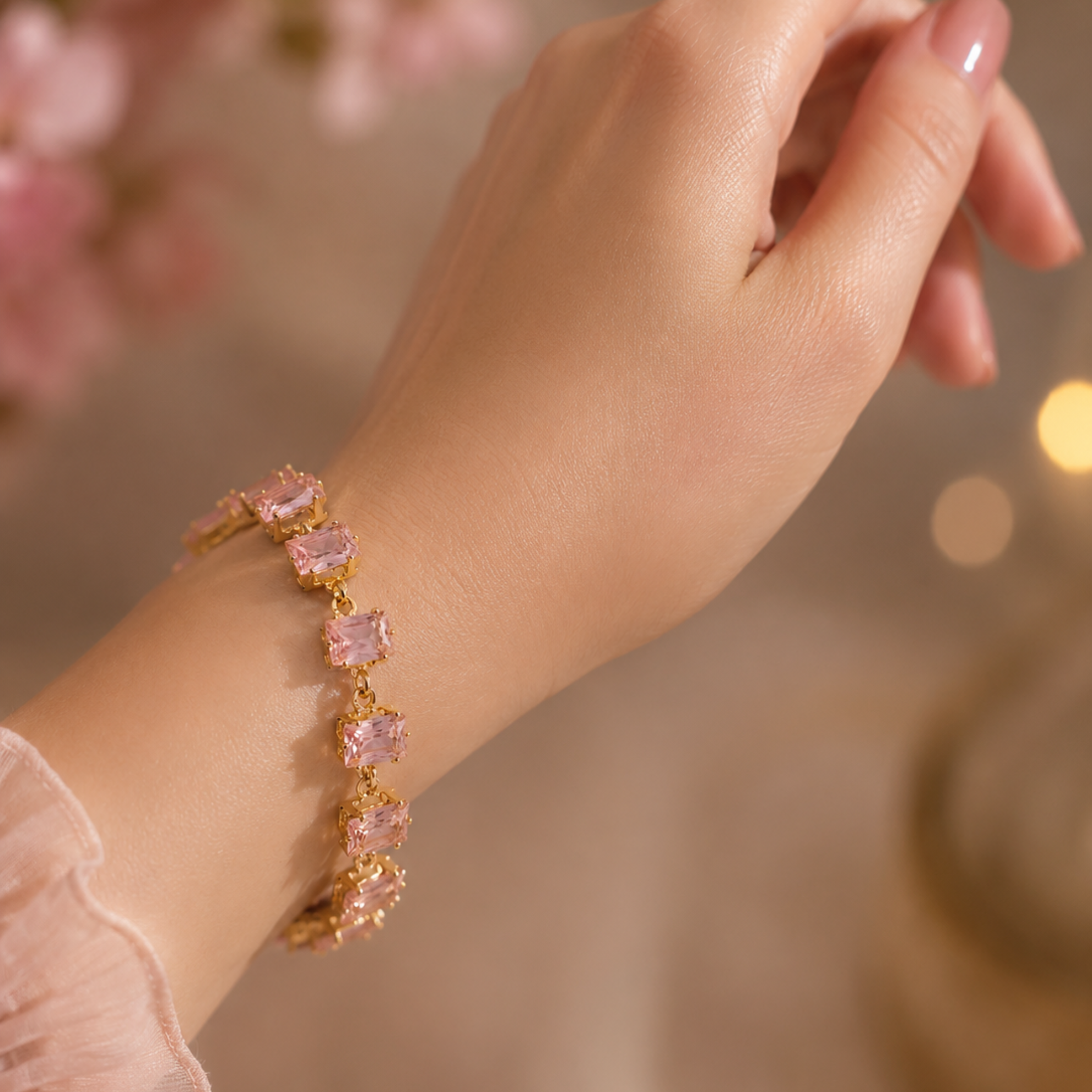 Pink Tennis Bracelet Gold, Emerald Cut Pink Morganite Bracelet, Rectangular Pink Crystal Bracelet - Image 2