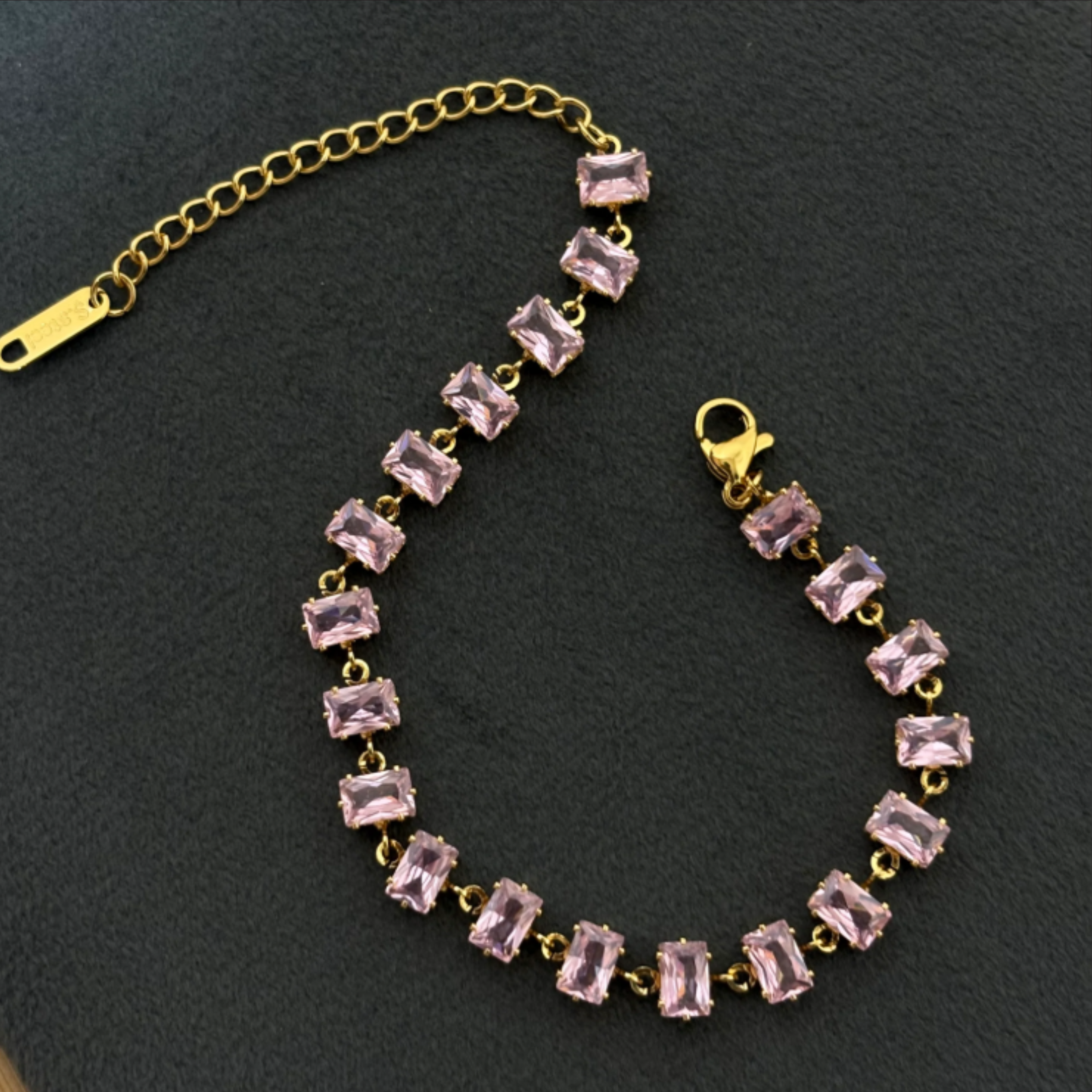 Pink Tennis Bracelet Gold, Emerald Cut Pink Morganite Bracelet, Rectangular Pink Crystal Bracelet - Image 3