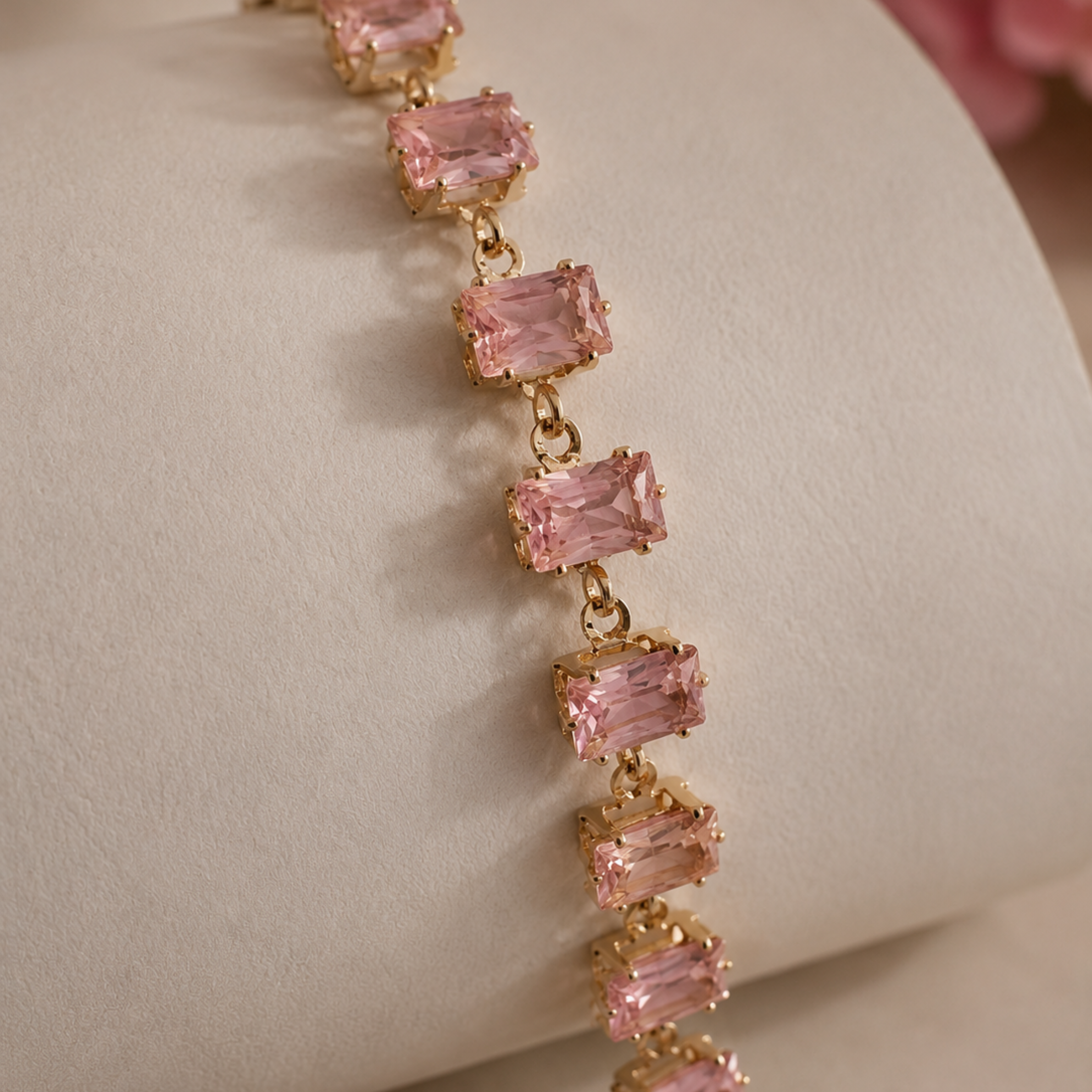 Pink Tennis Bracelet Gold, Emerald Cut Pink Morganite Bracelet, Rectangular Pink Crystal Bracelet - Image 4