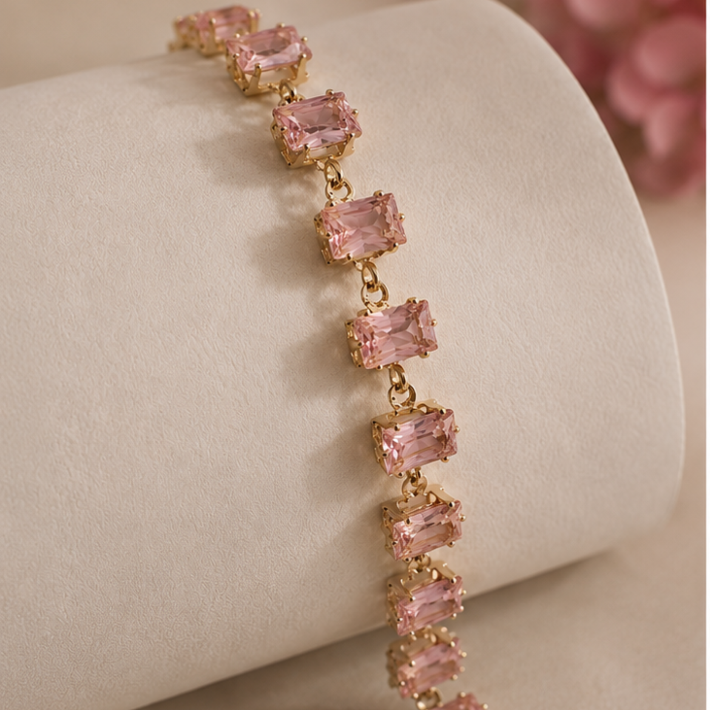 Pink Tennis Bracelet Gold, Emerald Cut Pink Morganite Bracelet, Rectangular Pink Crystal Bracelet - Image 5