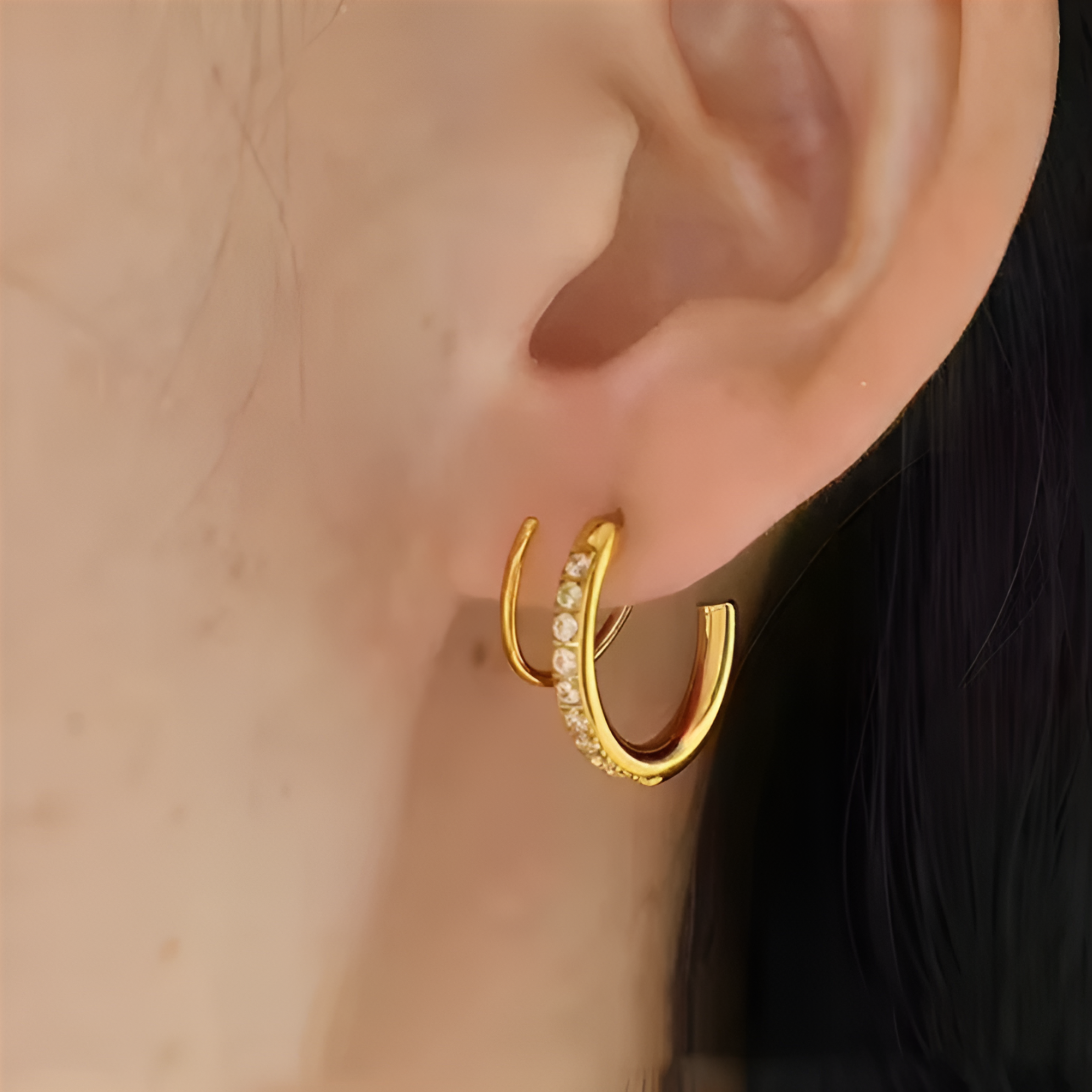 18K Gold Spiral Hoop Earring for Single Piercing, Pave CZ Double Hoop Illusion Earrings - Image 4