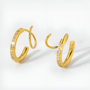 18K Gold Spiral Hoop Earring for Single Piercing, Pave CZ Double Hoop Illusion Earrings